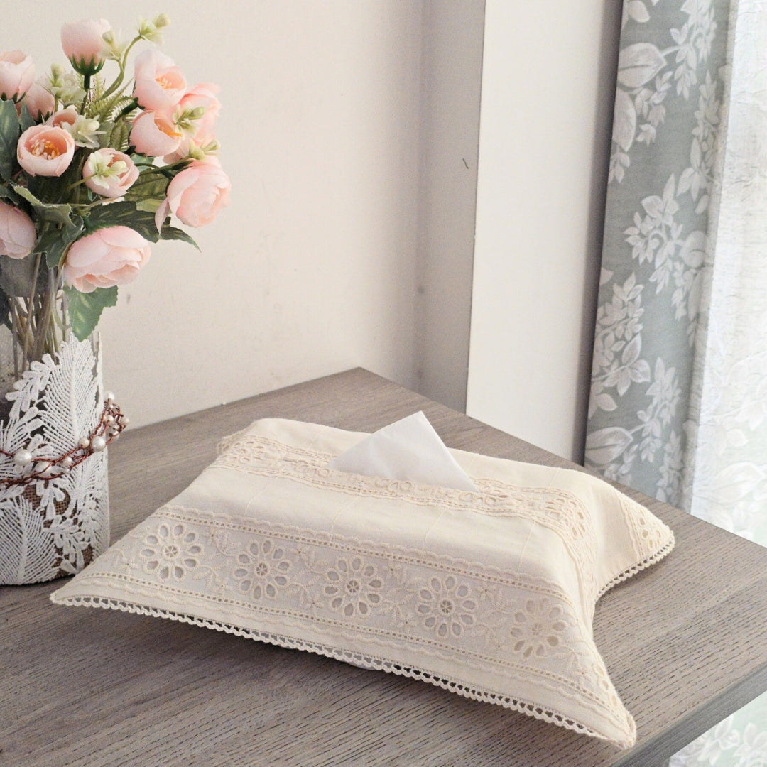 Off White Self Embroidered Tissue Box Cover